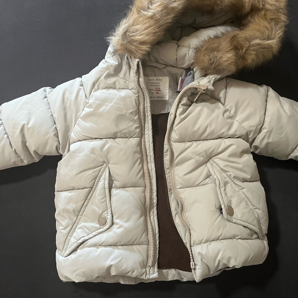 Zara Kids Grey Puffer Jacket with Faux Fur Hood